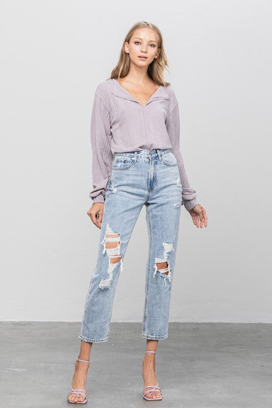 High Rise Ripped Girlfriend Jeans - Sleekdenim.com