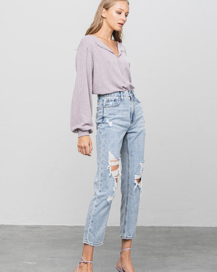 High Rise Ripped Girlfriend Jeans - Sleekdenim.com