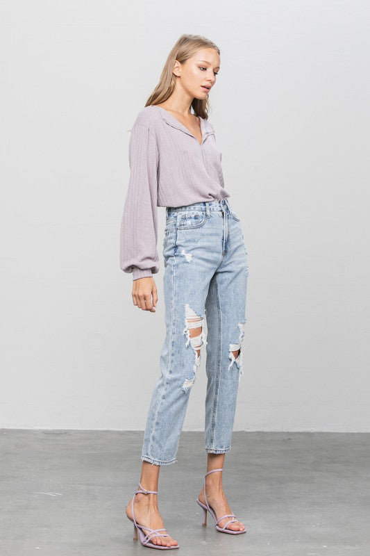 High Rise Ripped Girlfriend Jeans - Sleekdenim.com