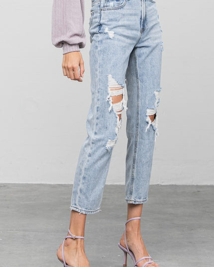 High Rise Ripped Girlfriend Jeans - Sleekdenim.com