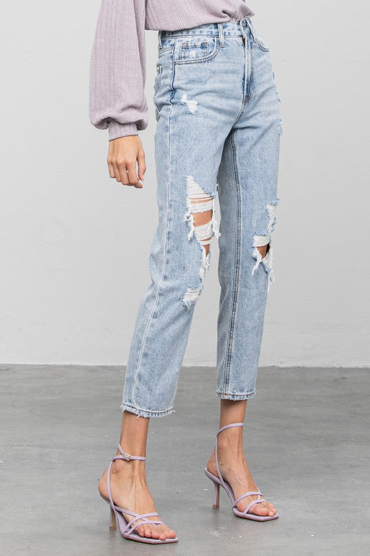 High Rise Ripped Girlfriend Jeans - Sleekdenim.com