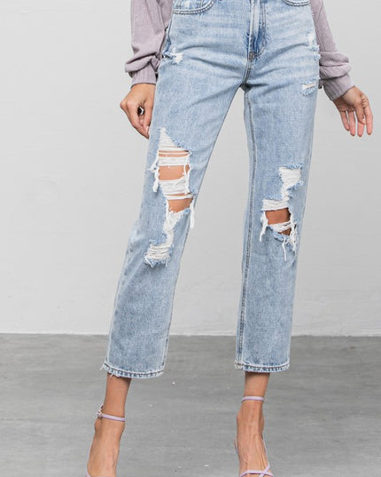 High Rise Ripped Girlfriend Jeans - Sleekdenim.com