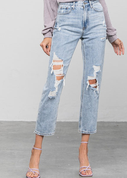 High Rise Ripped Girlfriend Jeans - Sleekdenim.com