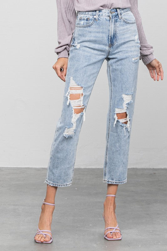High Rise Ripped Girlfriend Jeans - Sleekdenim.com