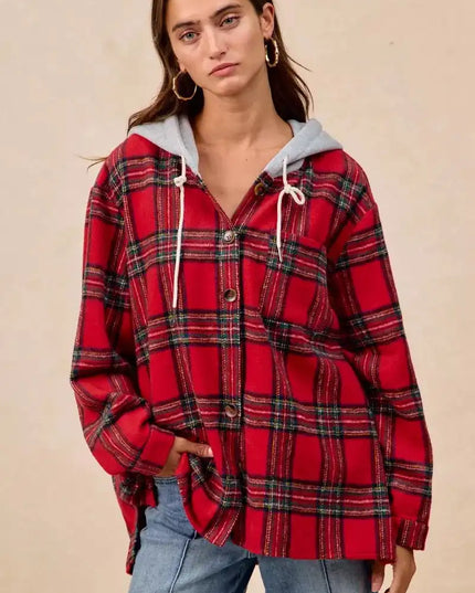 BiBi Brushed Plaid Hooded Jacket - Sleekdenim.com