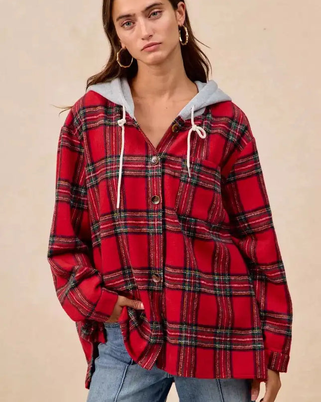 BiBi Brushed Plaid Hooded Jacket - Sleekdenim.com
