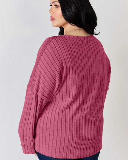 Basic Bae Full Size Ribbed Half Button Long Sleeve T-Shirt - Sleekdenim.com