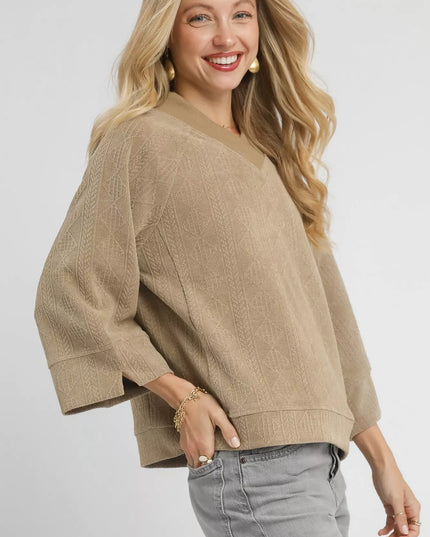 Umgee Textured Knit V-Neck Top - Sleekdenim.com