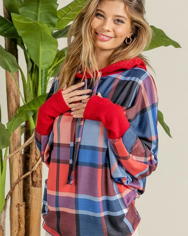 BiBi Plaid Mirr Brushed Rib Contrast Thumb Open Hoodie - Sleekdenim.com
