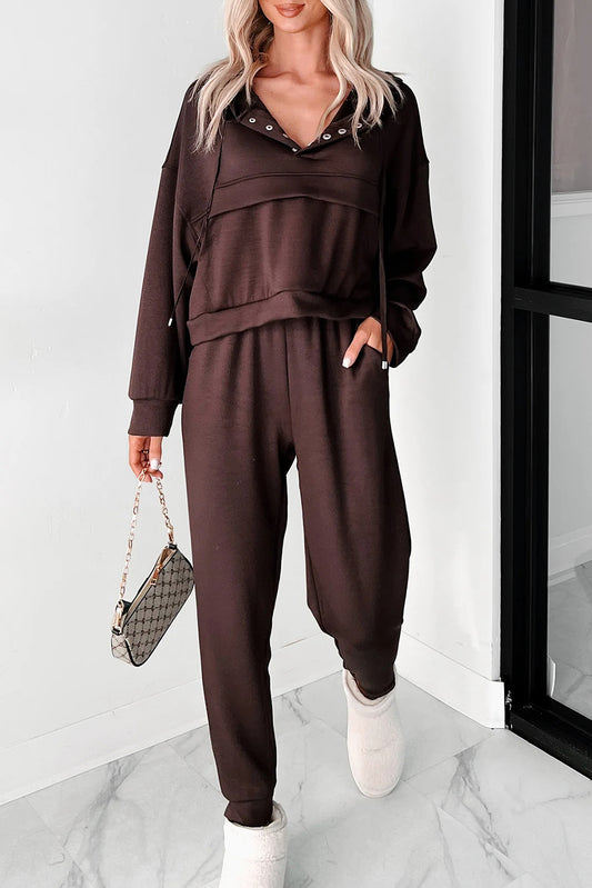 Chicory Coffee Button Drawstring Cropped Hoodie Sweatpants Set - Sleekdenim.com