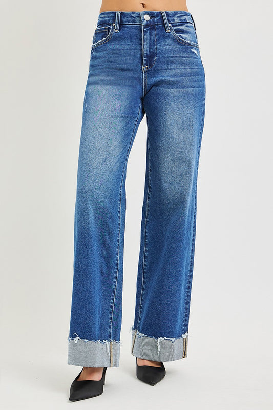RISEN High Rise Wide Leg Jeans With Cuffed Hem - Sleekdenim.com