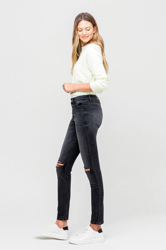 High Rise Distressed Button Fly Ankle Skinny | Sleekdenim.com