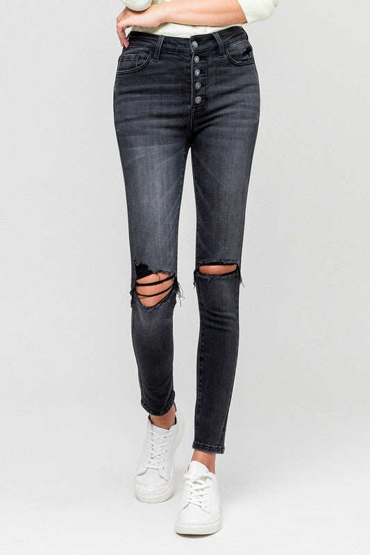 High Rise Distressed Button Fly Ankle Skinny | Sleekdenim.com