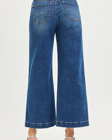 RISEN High Rise Wide Leg Jeans With Pocket Button Detail - Sleekdenim.com