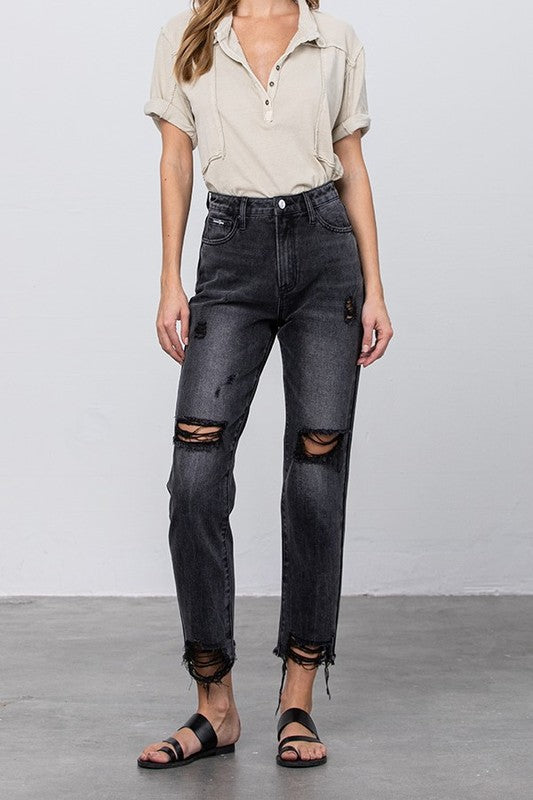 High Rise Ripped Frayed Hem Mom Jeans - Sleekdenim.com