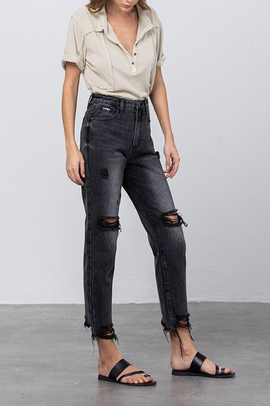 High Rise Ripped Frayed Hem Mom Jeans - Sleekdenim.com