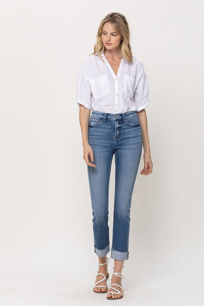 Mid-Rise Single Cuffed Crop Slim Straight Jeans | Sleekdenim.com