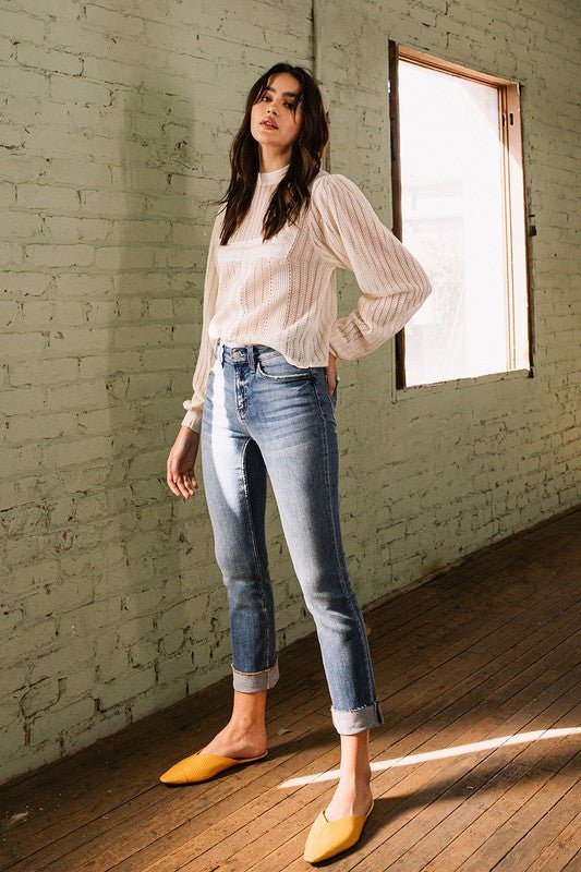 Mid-Rise Single Cuffed Crop Slim Straight Jeans | Sleekdenim.com