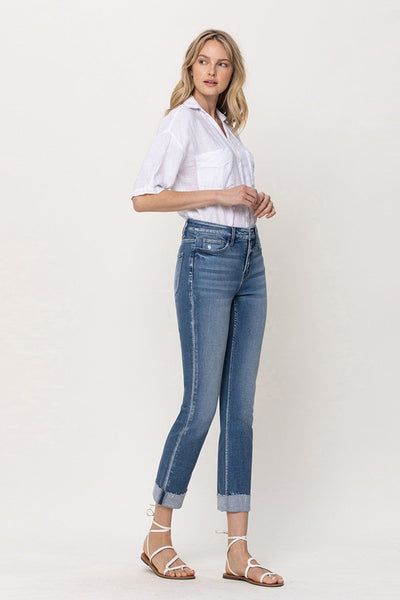 Mid-Rise Single Cuffed Crop Slim Straight Jeans | Sleekdenim.com