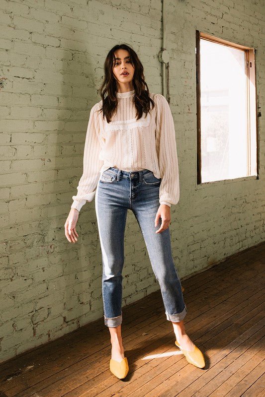 Mid-Rise Single Cuffed Crop Slim Straight Jeans | Sleekdenim.com