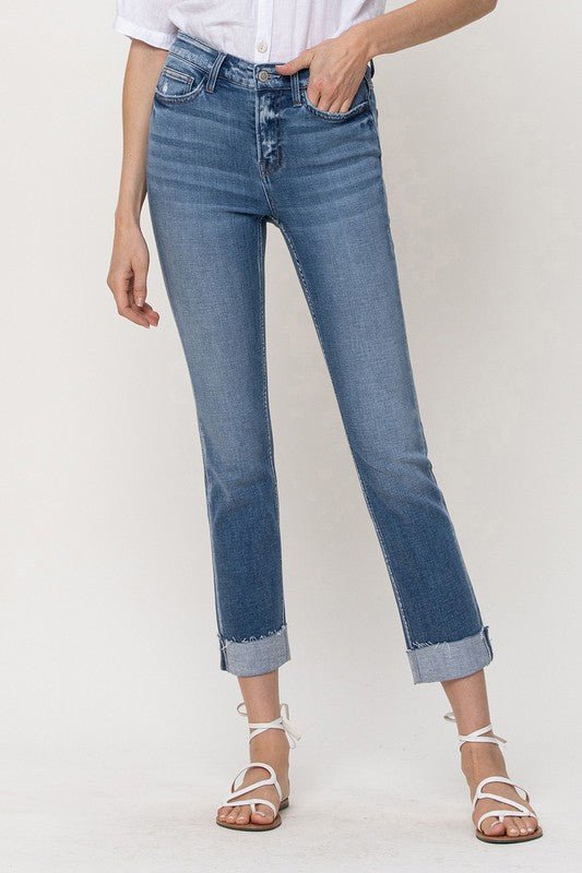 Mid-Rise Single Cuffed Crop Slim Straight Jeans | Sleekdenim.com