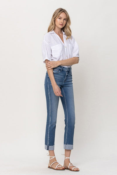 Mid-Rise Single Cuffed Crop Slim Straight Jeans | Sleekdenim.com