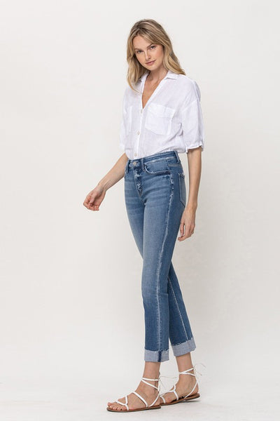 Mid-Rise Single Cuffed Crop Slim Straight Jeans | Sleekdenim.com