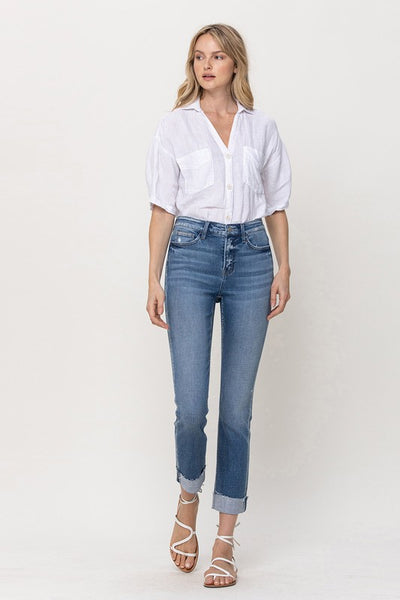 Mid-Rise Single Cuffed Crop Slim Straight Jeans | Sleekdenim.com