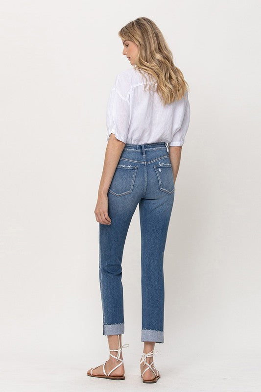 Mid-Rise Single Cuffed Crop Slim Straight Jeans | Sleekdenim.com