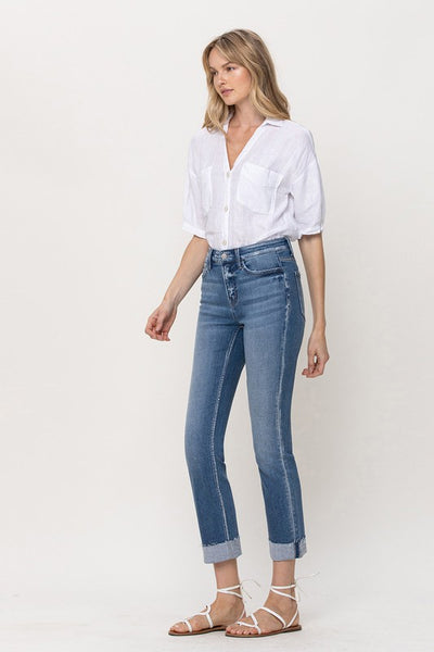 Mid-Rise Single Cuffed Crop Slim Straight Jeans | Sleekdenim.com