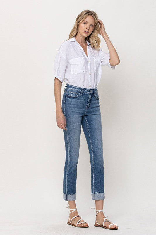 Mid-Rise Single Cuffed Crop Slim Straight Jeans | Sleekdenim.com