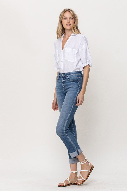 Mid-Rise Single Cuffed Crop Slim Straight Jeans | Sleekdenim.com