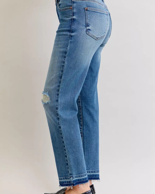 Judy Blue Full Size Mid Rise Bf Patch & Repair Destroy Release Hem Jeans Plus Size - Sleekdenim.com
