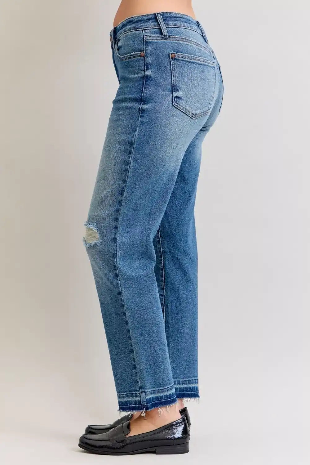 Judy Blue Mid Rise Boyfriend Patch & Repair Destroy Release Hem Jeans 881045 - Sleekdenim.com
