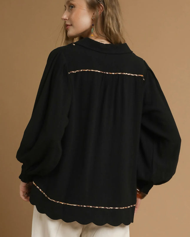 Umgee Full Size Linen Scallop Hem Blouse with Contrast Trim Plus Size - Sleekdenim.com