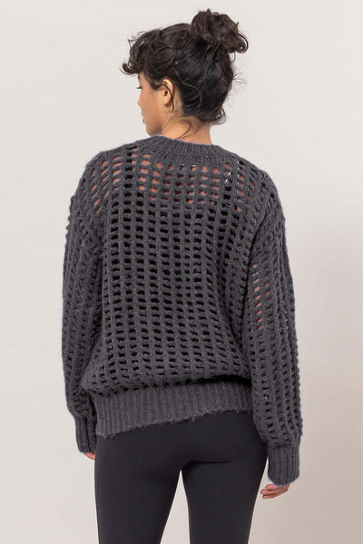 HYFVE Openwork Round Neck Long Sleeve Knit Cover Up