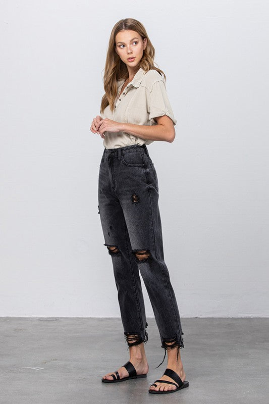 HIGH WAIST MOM FIT BLACK ANKLE JEANS - Sleekdenim.com