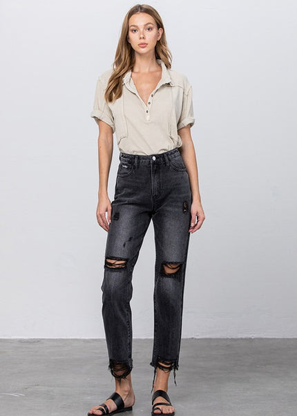 HIGH WAIST MOM FIT BLACK ANKLE JEANS - Sleekdenim.com