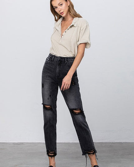 HIGH WAIST MOM FIT BLACK ANKLE JEANS - Sleekdenim.com