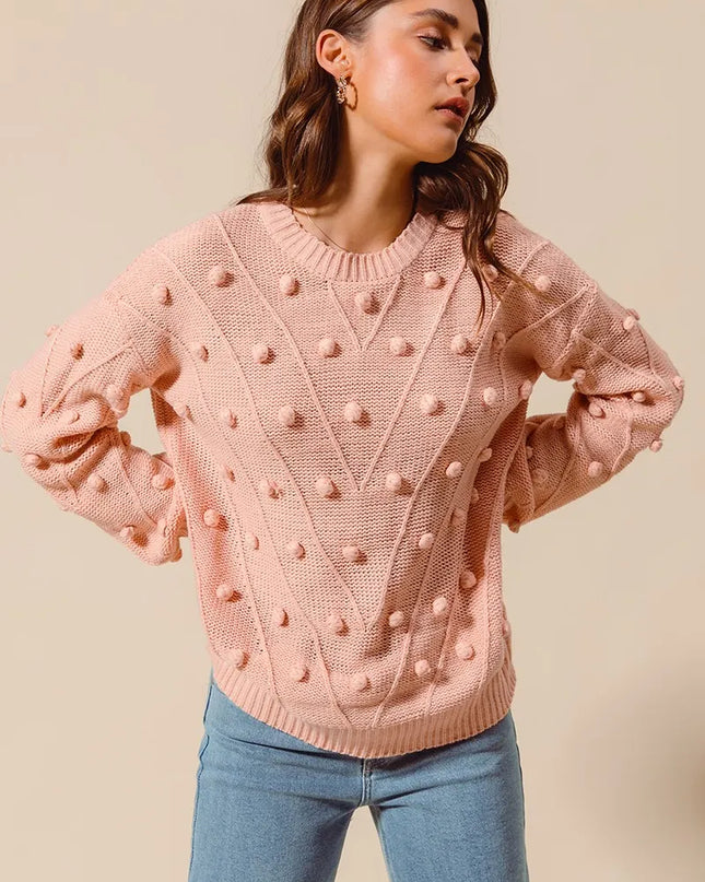 SO ME Pom Pom Textured Knit Sweater Top - Sleekdenim.com