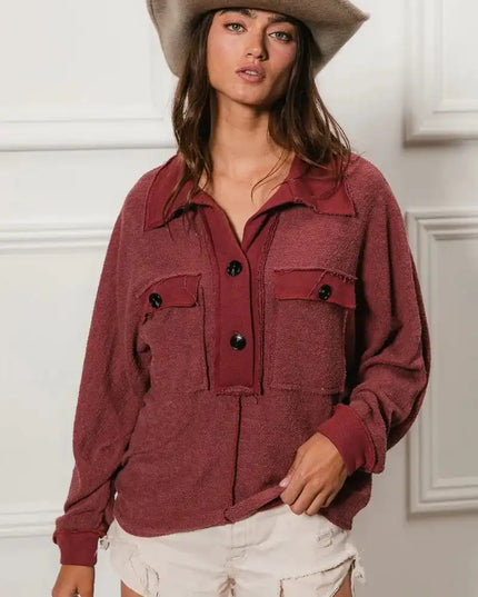 BiBi Cp French Terry Cut Edge Detail Collared Top - Sleekdenim.com