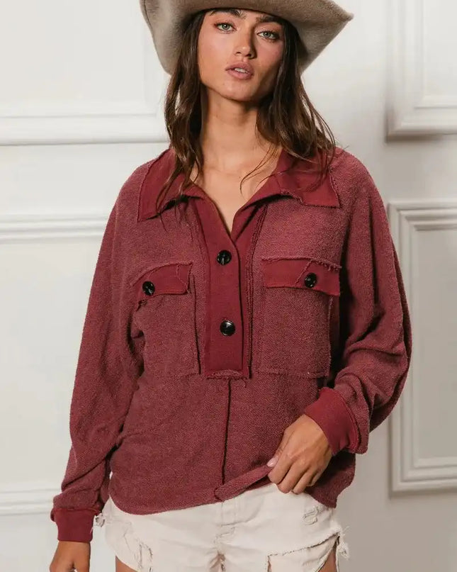 BiBi Cp French Terry Cut Edge Detail Collared Top - Sleekdenim.com