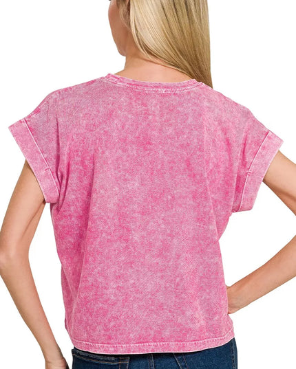 Zenana Halo Washed Cotton Cuffed Short Sleeve Top - Sleekdenim.com