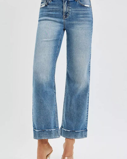RISEN Full Size Mid Rise Crop Straight Jeans with Taylor Cuffed Plus Size - Sleekdenim.com