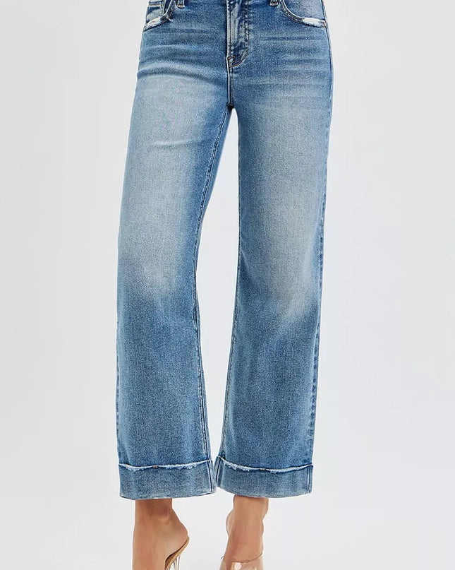RISEN Full Size Mid Rise Crop Straight Jeans with Taylor Cuffed Plus Size - Sleekdenim.com