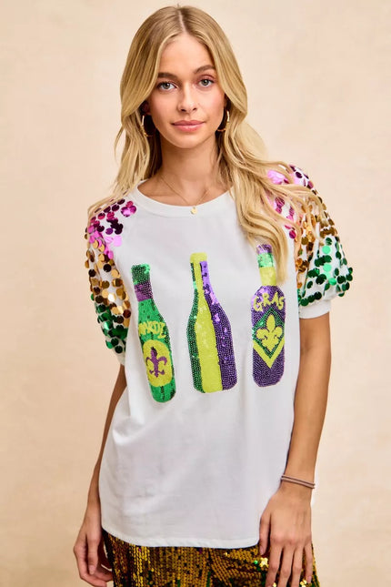 BiBi Sequin Mardi Gras Bottles Spangled Sleeve Top - 1