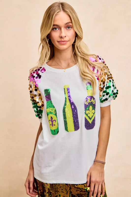 BiBi Sequin Mardi Gras Bottles Spangled Sleeve Top - 1