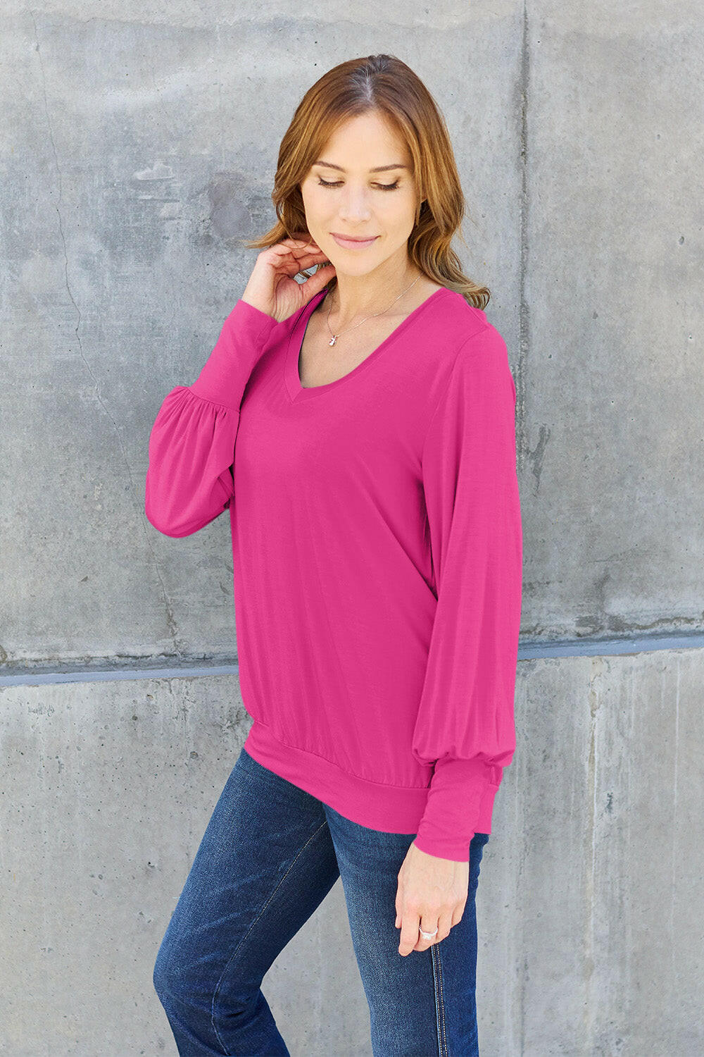 Basic Bae Full Size V-Neck Lantern Sleeve Top Hot Pink