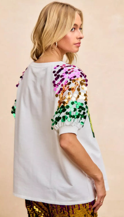 BiBi Sequin Mardi Gras Bottles Spangled Sleeve Top - 10