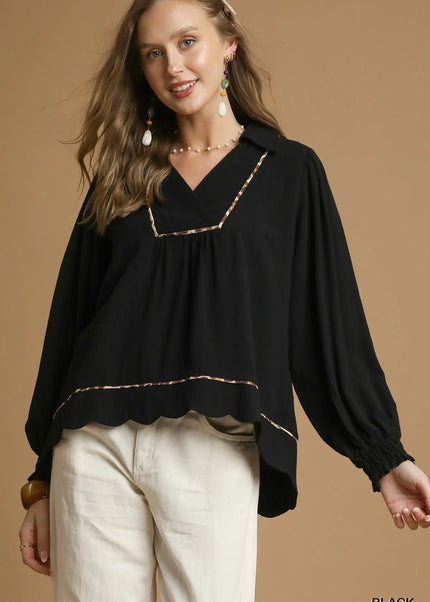 Umgee Full Size Linen Scallop Hem Blouse with Contrast Trim Plus Size - Sleekdenim.com